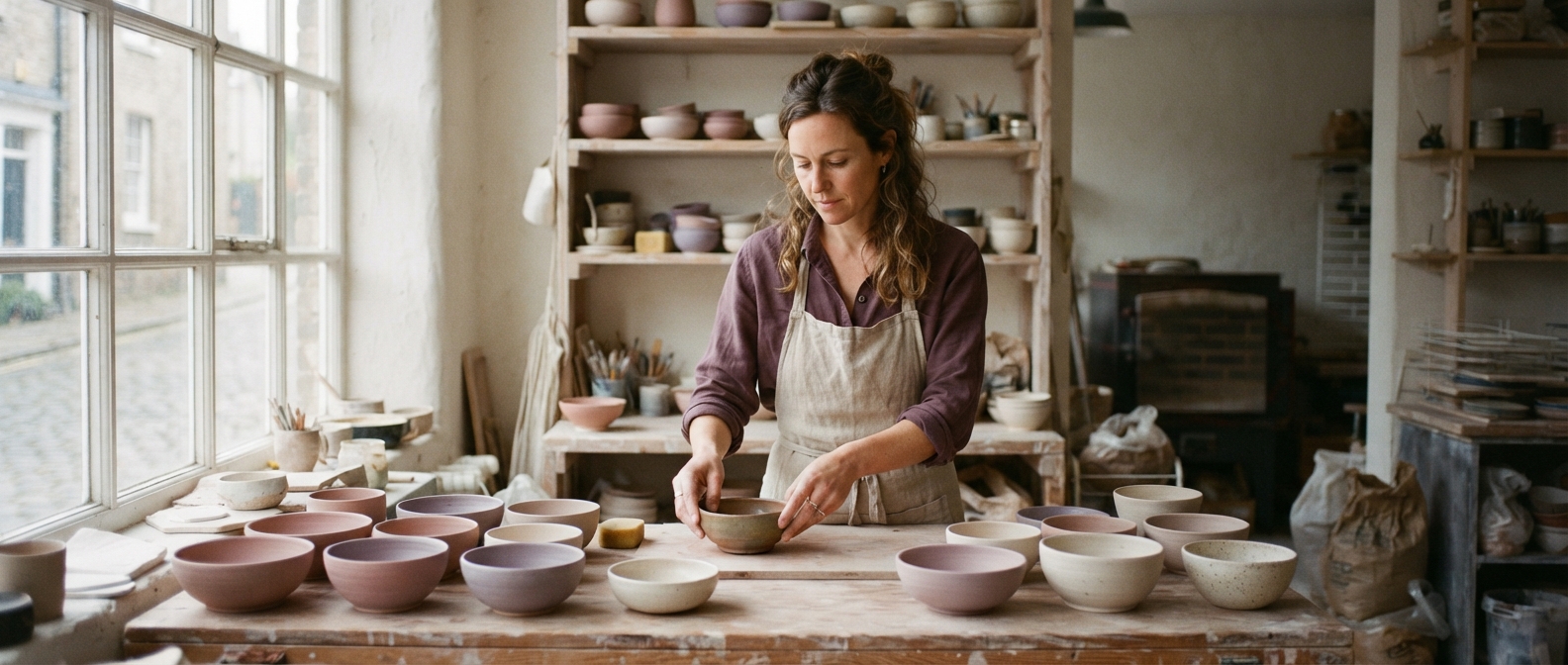 An independent ceramics owner arranging handmade bowls